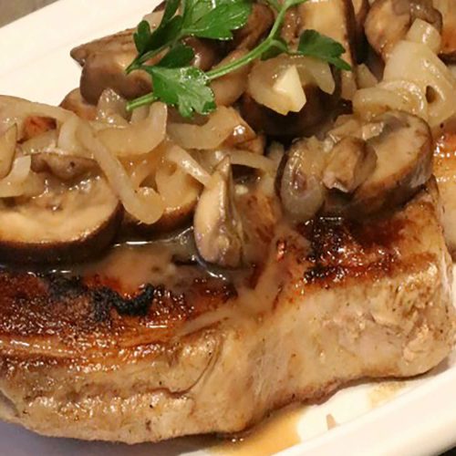 Sous Vide Pork Chops with Smothered Shallots and Mushrooms