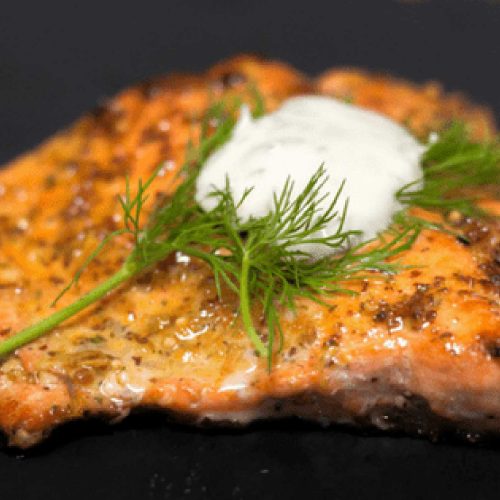 Sous Vide Salmon with Crispy Skin & Lemon Dill Sauce